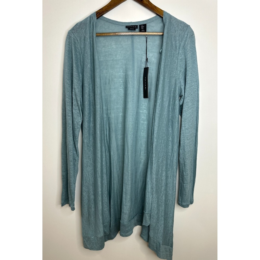 New Tahari 100% Linen Open Front Cardigan Dusty Teal Blue Longline Duster Medium - Picture 3 of 11